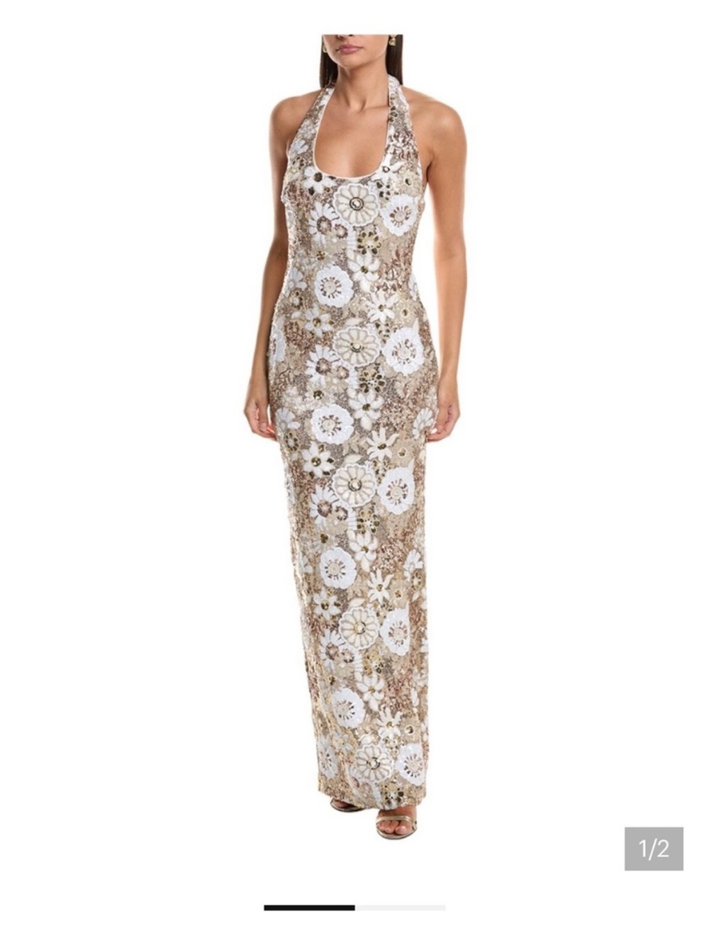 Ramy Brook Gold and White Floral Halter Maxi Dress